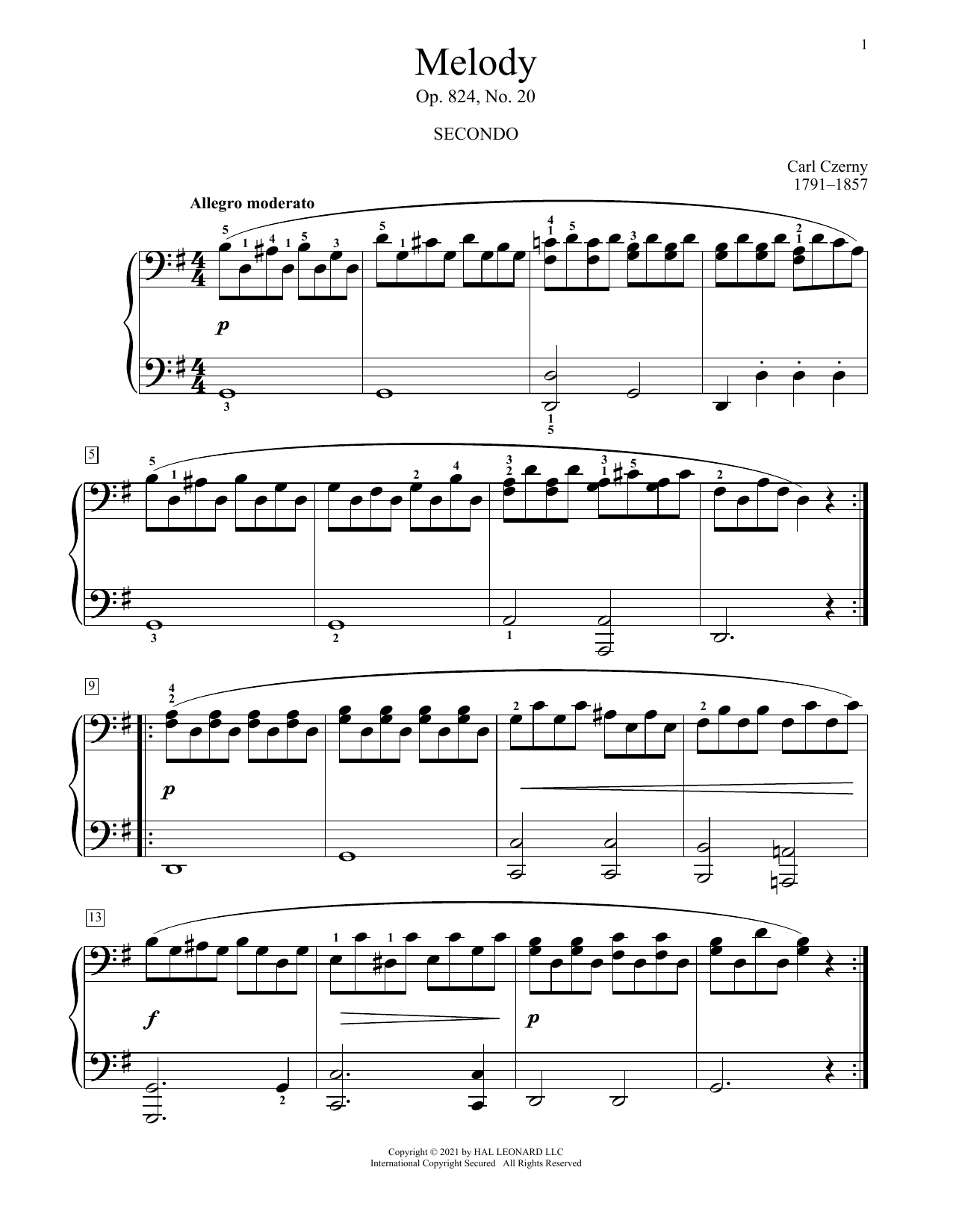 Carl Czerny Melody, Op. 824, No. 20 Sheet Music Notes & Chords for Piano Duet - Download or Print PDF