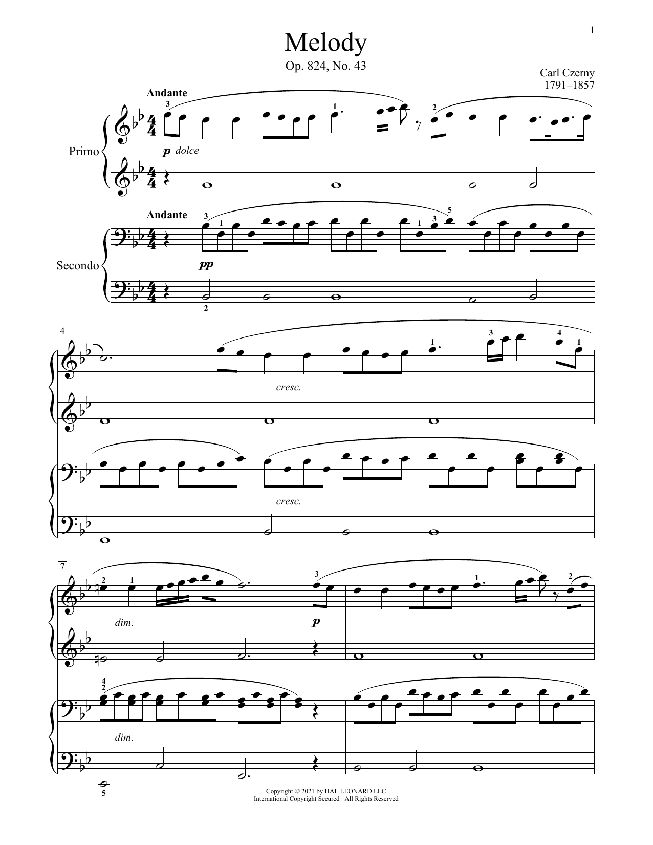 Carl Czerny Melody, Op. 824, No. 43 Sheet Music Notes & Chords for Piano Duet - Download or Print PDF