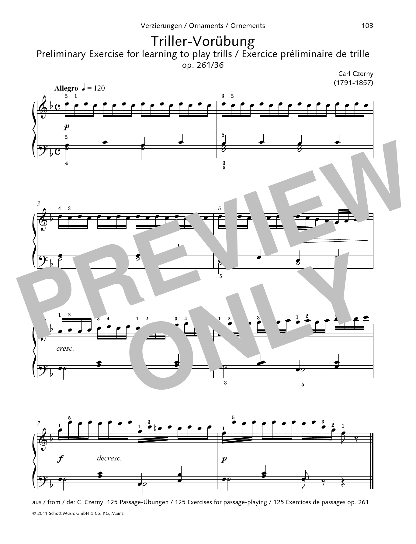Carl Czerny Preliminary Exercise for learning to play trills Sheet Music Notes & Chords for Piano Solo - Download or Print PDF