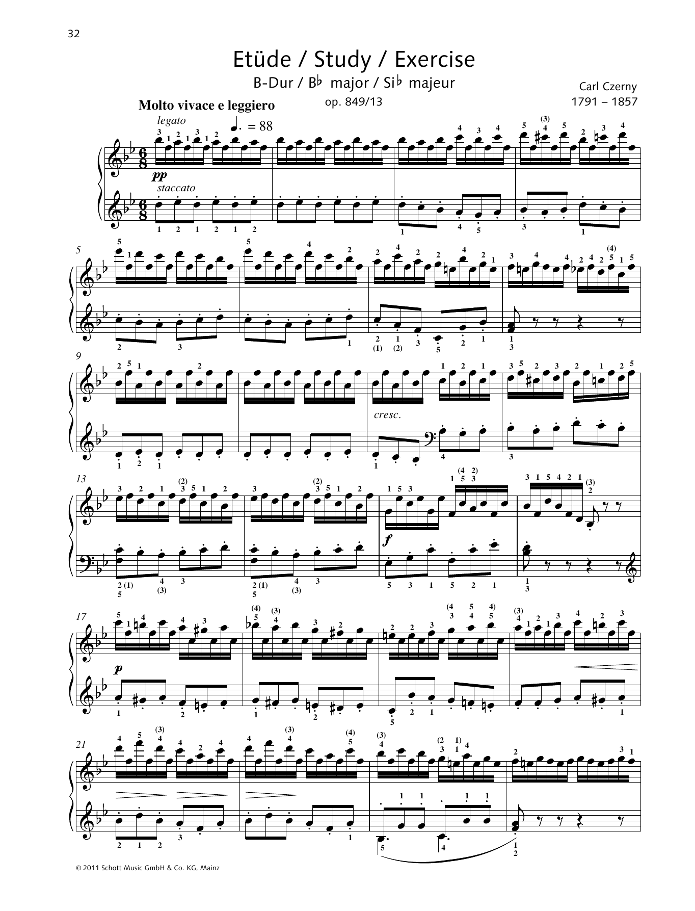 Carl Czerny Study B major Sheet Music Notes & Chords for Piano Solo - Download or Print PDF