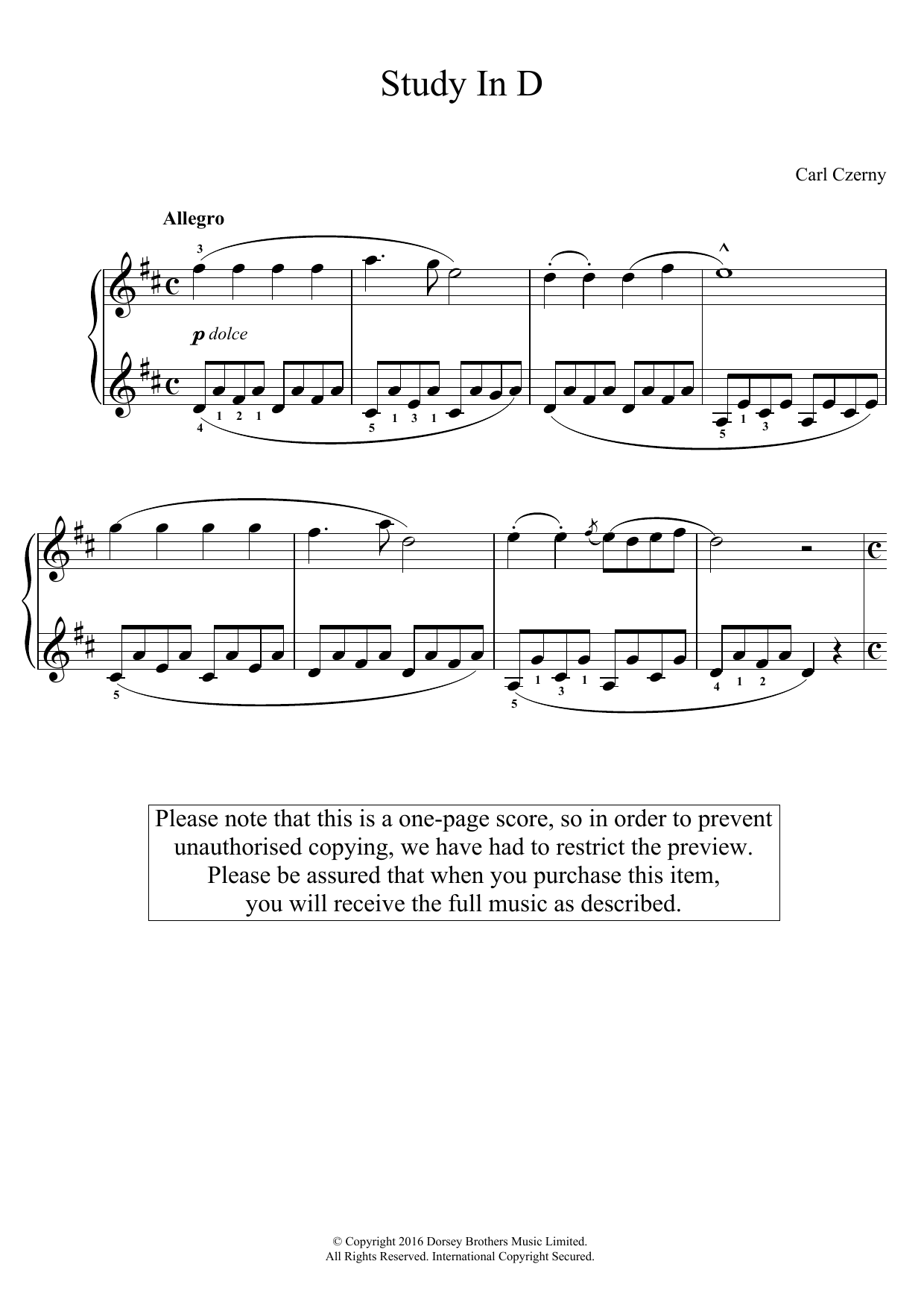 Carl Czerny Study In D Sheet Music Notes & Chords for Easy Piano - Download or Print PDF