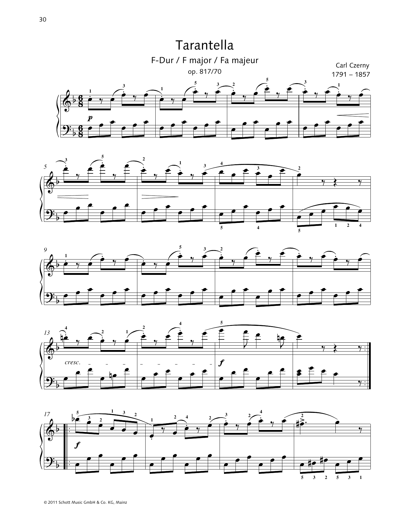 Carl Czerny Tarantella F major Sheet Music Notes & Chords for Piano Solo - Download or Print PDF