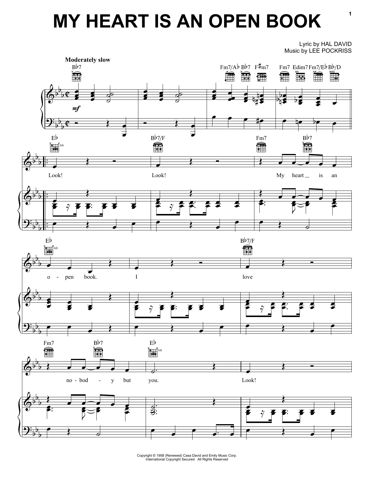 Carl Dobkins, Jr. My Heart Is An Open Book Sheet Music Notes & Chords for Piano, Vocal & Guitar Chords (Right-Hand Melody) - Download or Print PDF