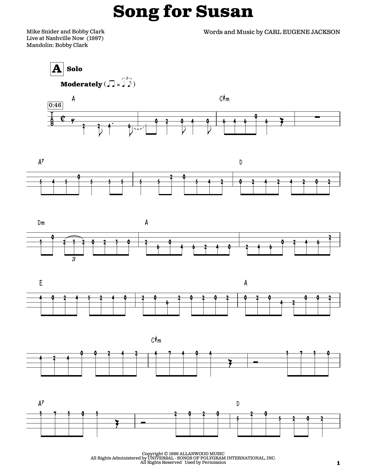 Carl Eugene Jackson Song For Susan Sheet Music Notes & Chords for Mandolin - Download or Print PDF