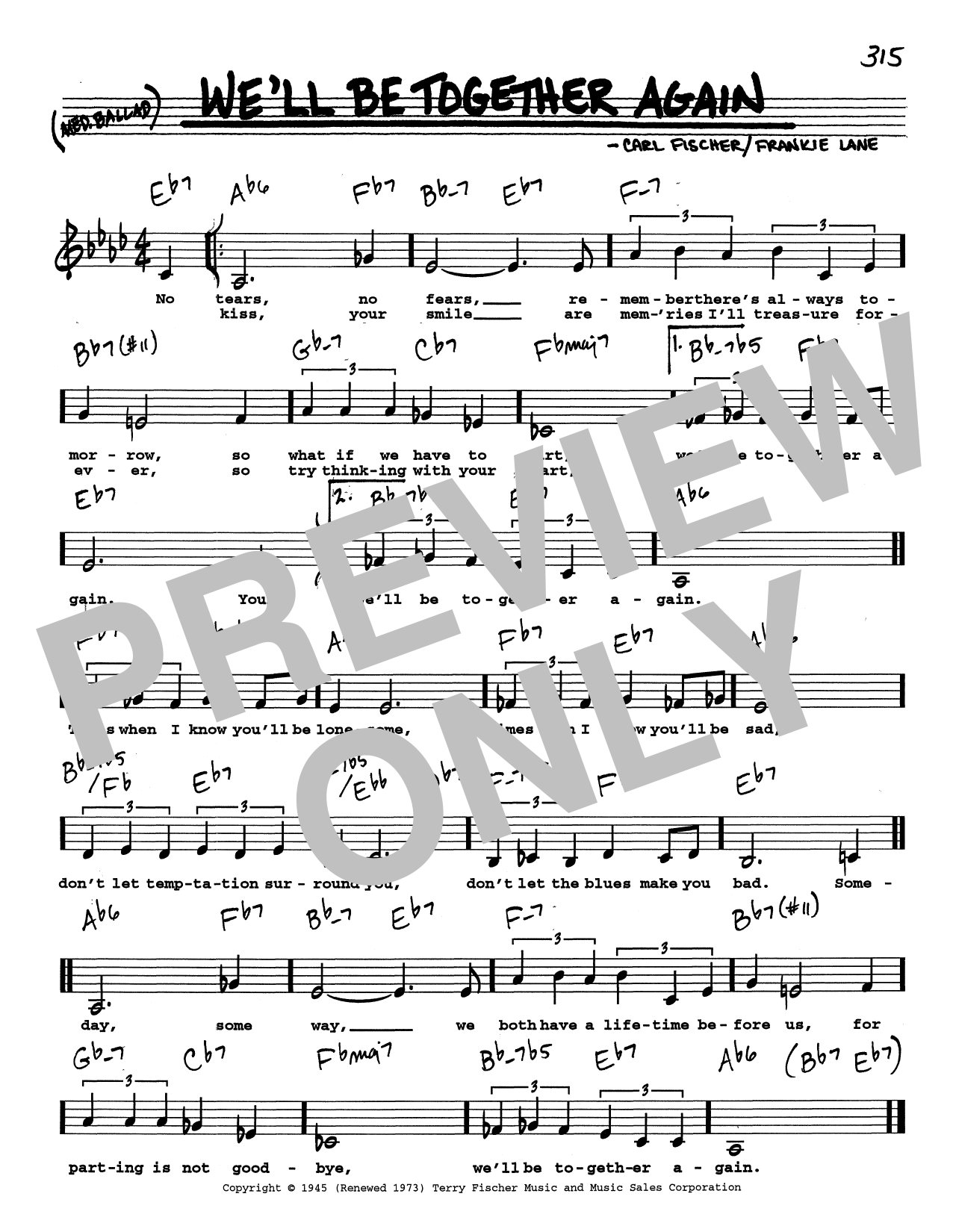 Carl Fischer We'll Be Together Again (Low Voice) Sheet Music Notes & Chords for Real Book – Melody, Lyrics & Chords - Download or Print PDF