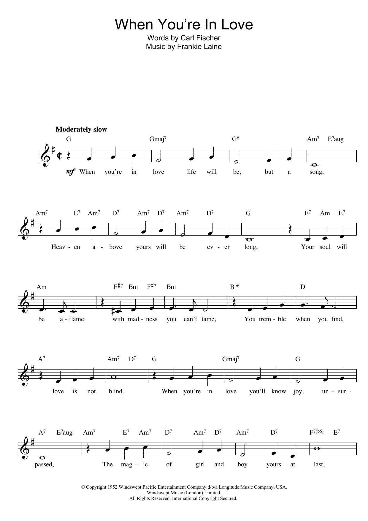 Fischer and Laine When You're In Love Sheet Music Notes & Chords for Melody Line, Lyrics & Chords - Download or Print PDF