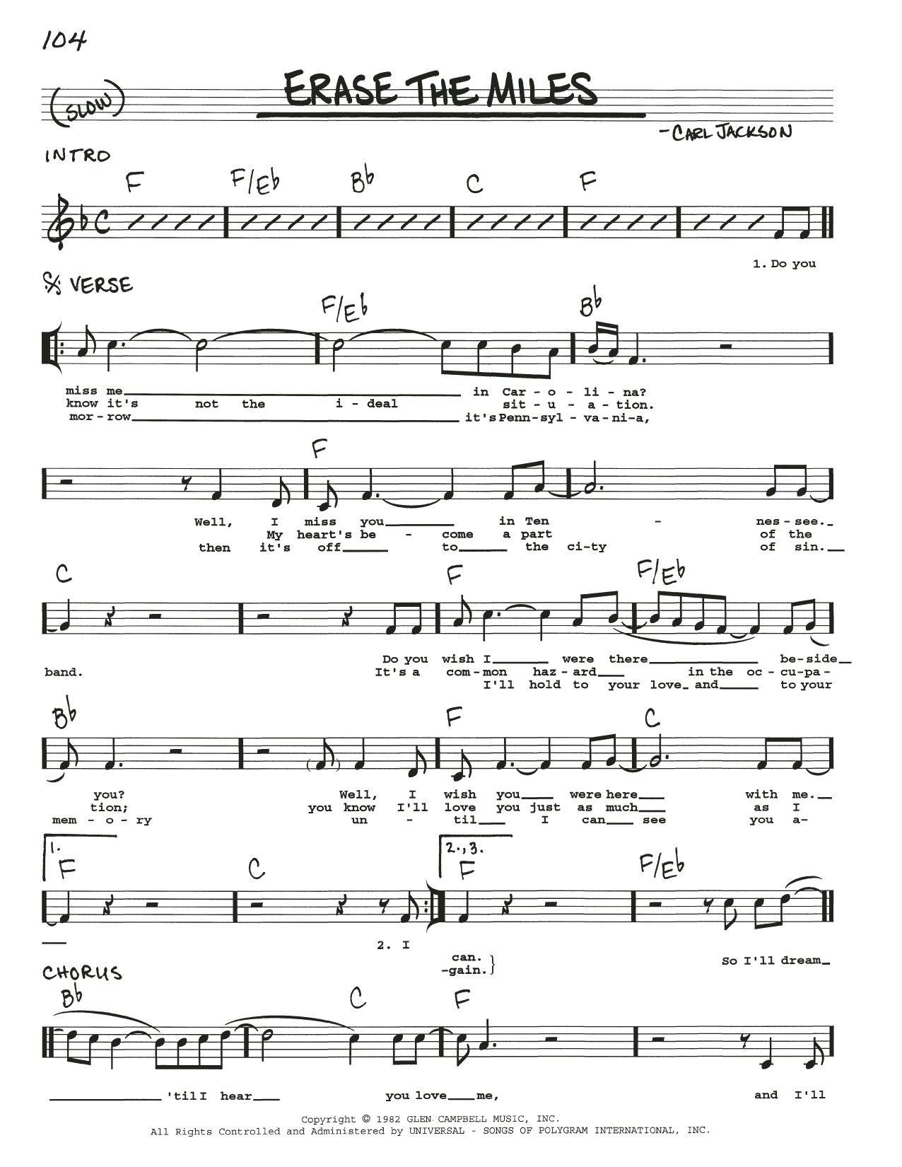 Carl Jackson Erase The Miles Sheet Music Notes & Chords for Real Book – Melody, Lyrics & Chords - Download or Print PDF