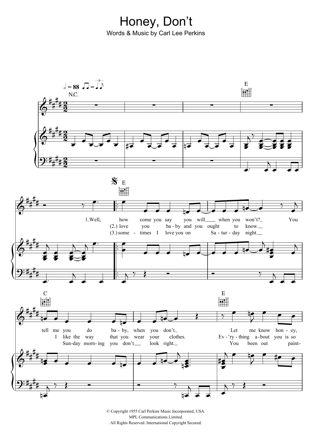 Carl Lee Perkins Honey, Don't Sheet Music Notes & Chords for Piano, Vocal & Guitar - Download or Print PDF