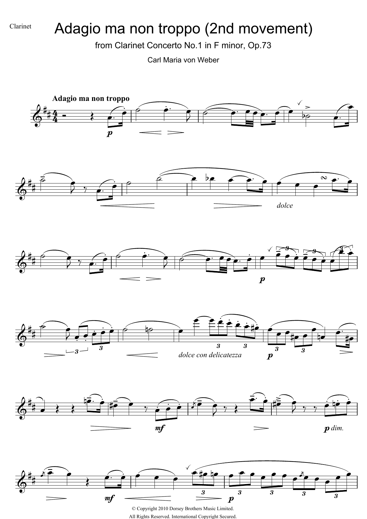 Carl Maria von Weber Clarinet Concerto No.1 In F Minor, Op.73, 2nd Movement: Adagio Ma Non Troppo Sheet Music Notes & Chords for Clarinet - Download or Print PDF