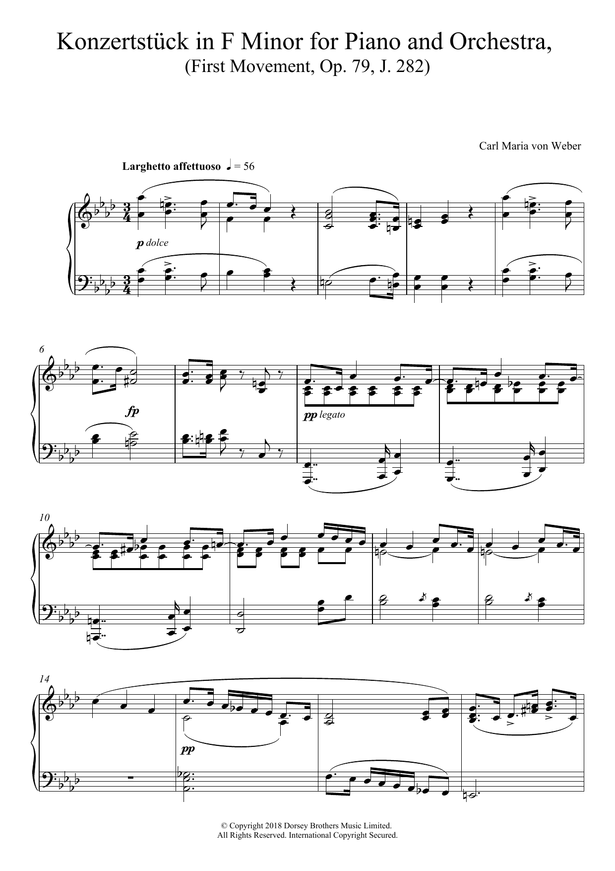 Carl Maria von Weber Konzertstuck in F Minor for Piano and Orchestra, First Movement, Op. 79, J. 282 Sheet Music Notes & Chords for Piano - Download or Print PDF