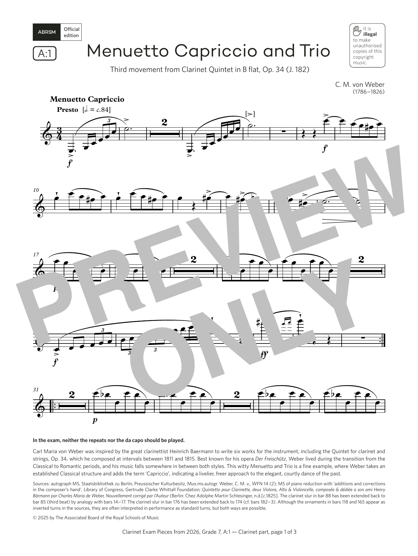 Carl Maria von Weber Menuetto Capriccio and Trio (Grade 7, list A1, from the ABRSM Clarinet Syllabus from 2026) Sheet Music Notes & Chords for Clarinet Solo - Download or Print PDF Carl Maria von Weber Menuetto Capriccio and Trio (Grade 7, list A1, from the ABRSM Clarinet Syllabus from 2026) Sheet Music Notes & Chords for Clarinet Solo - Download or Print PDF