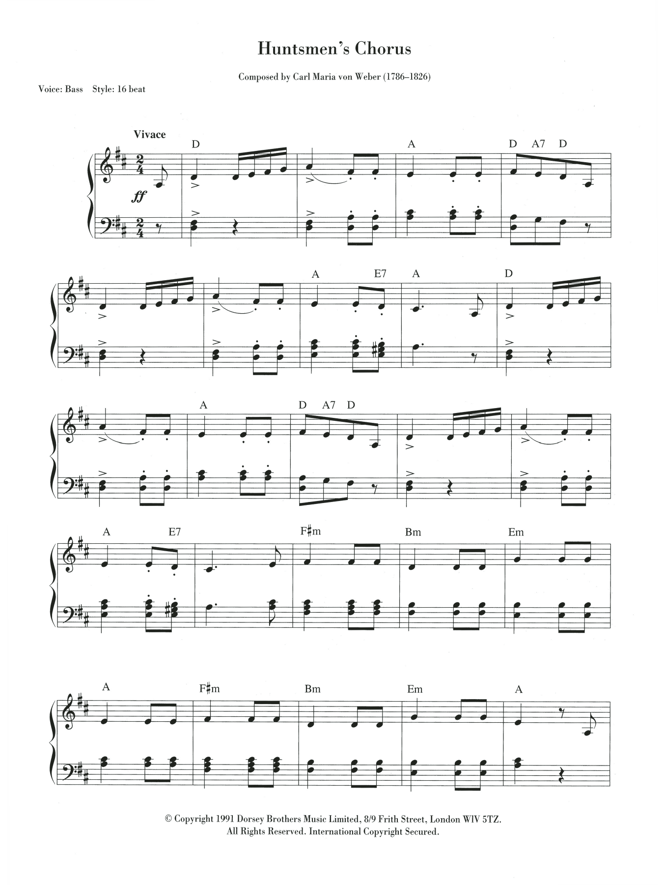 Carl Maria von Weber The Huntsmen's Chorus Sheet Music Notes & Chords for Keyboard - Download or Print PDF