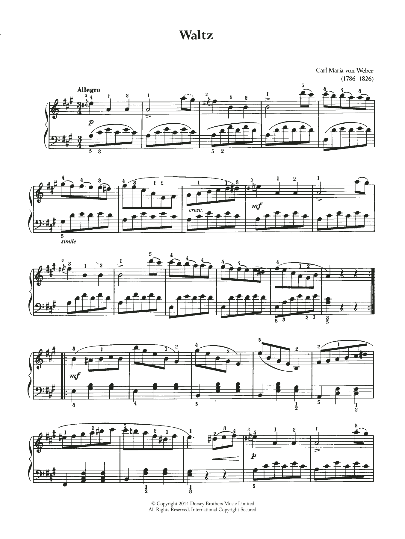 Carl Maria von Weber Waltz Sheet Music Notes & Chords for Piano - Download or Print PDF