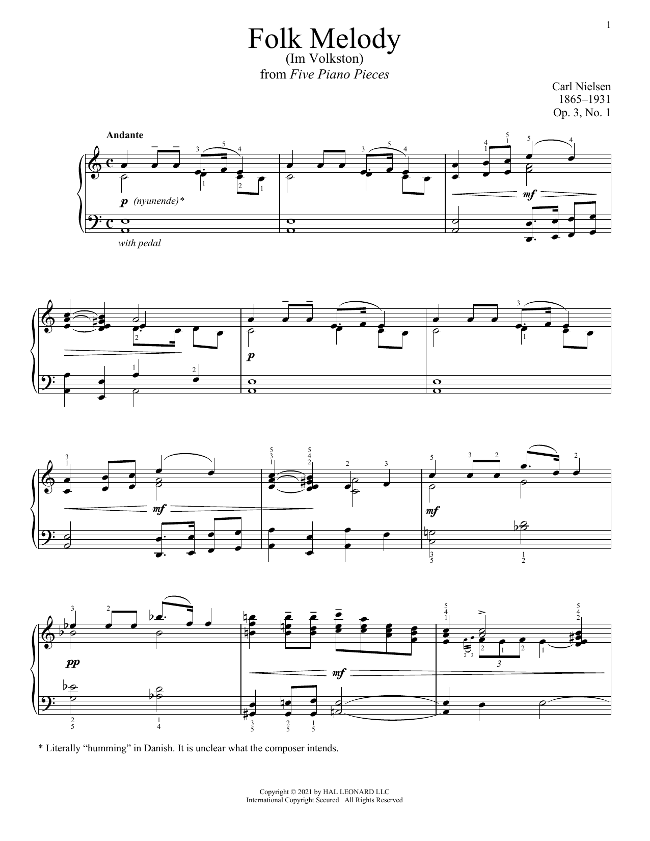 Carl Nielsen Folk Melody (Im Volkston) Sheet Music Notes & Chords for Piano Solo - Download or Print PDF