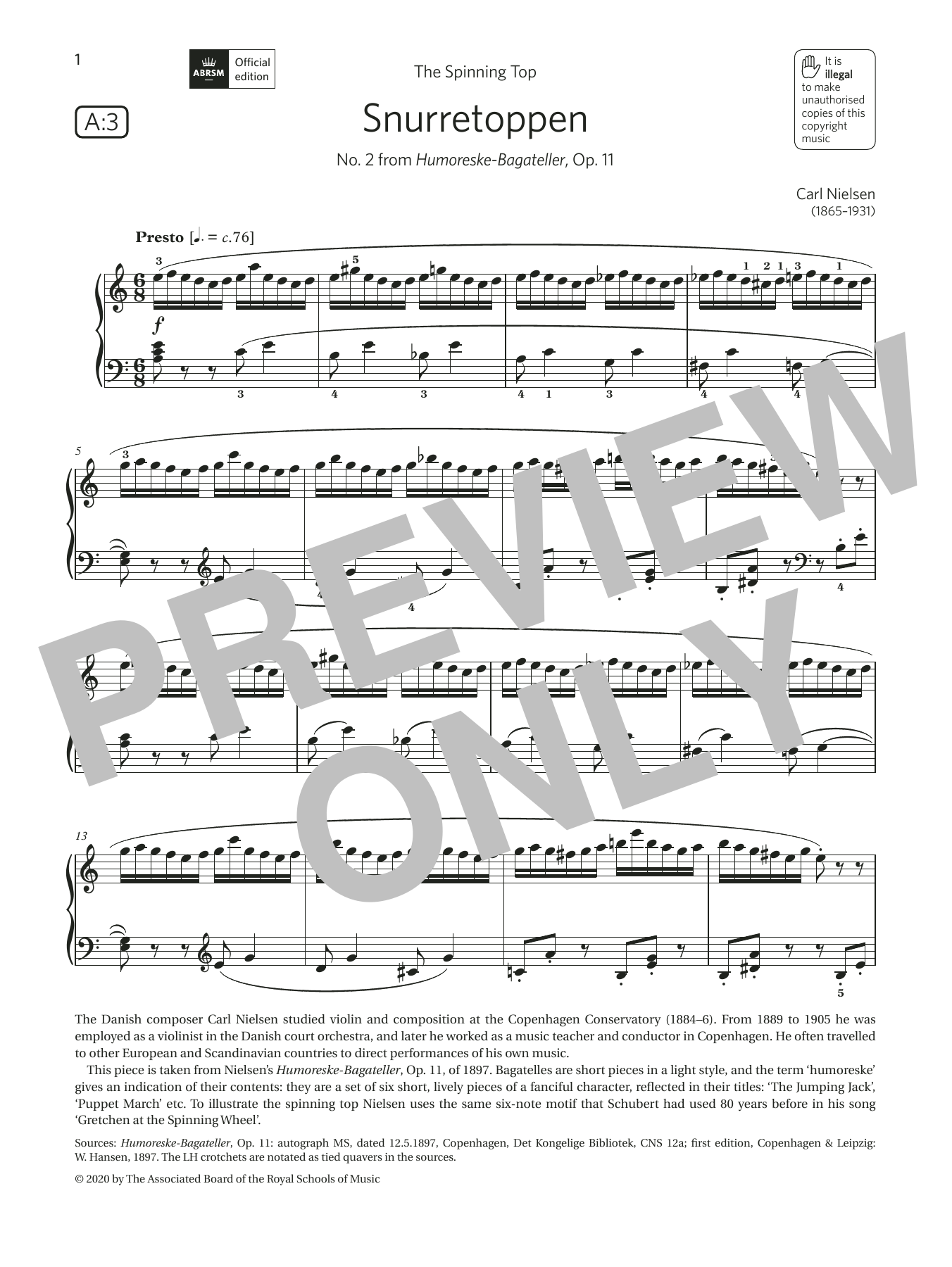 Carl Nielsen Snurretoppen (Grade 6, list A3, from the ABRSM Piano Syllabus 2021 & 2022) Sheet Music Notes & Chords for Piano Solo - Download or Print PDF