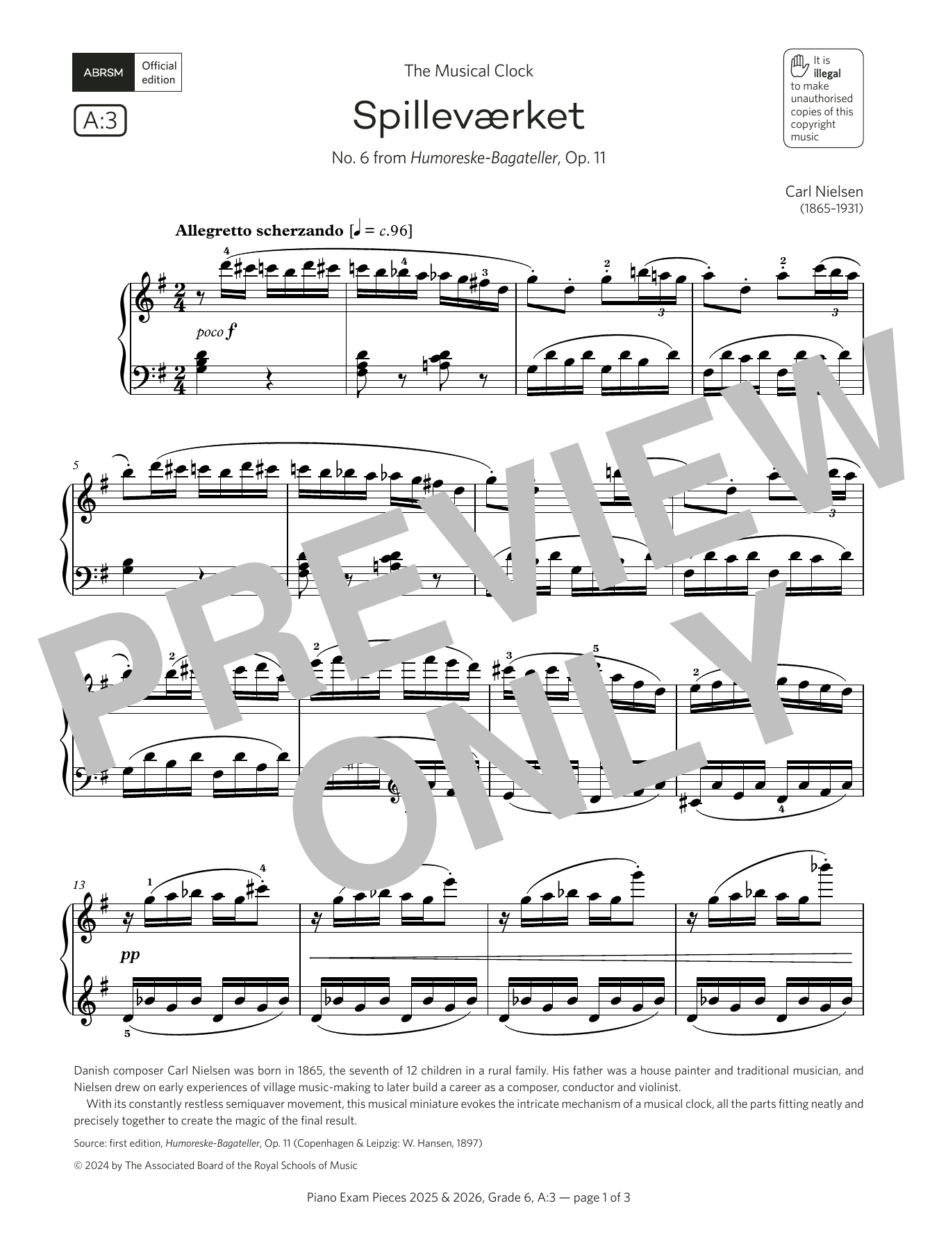 Carl Nielsen Spilleværket (Grade 6, list A3, from the ABRSM Piano Syllabus 2025 & 2026) Sheet Music Notes & Chords for Piano Solo - Download or Print PDF