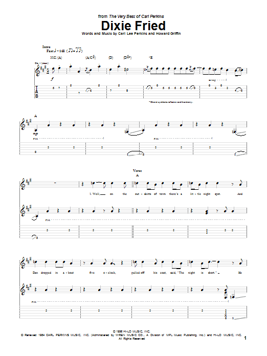 Carl Perkins Dixie Fried Sheet Music Notes & Chords for Guitar Tab - Download or Print PDF