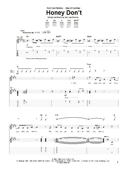 Carl Perkins Honey, Don't Sheet Music Notes & Chords for Lyrics & Chords - Download or Print PDF