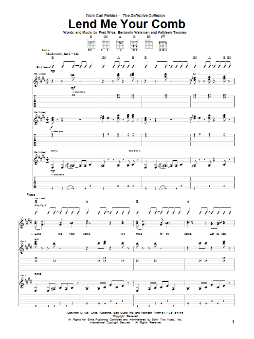 Carl Perkins Lend Me Your Comb Sheet Music Notes & Chords for Guitar Tab - Download or Print PDF