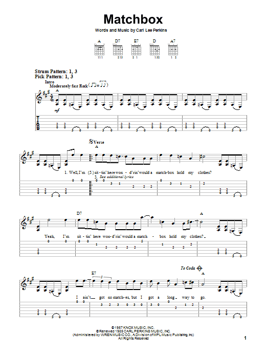 Carl Perkins Matchbox Sheet Music Notes & Chords for Easy Guitar Tab - Download or Print PDF