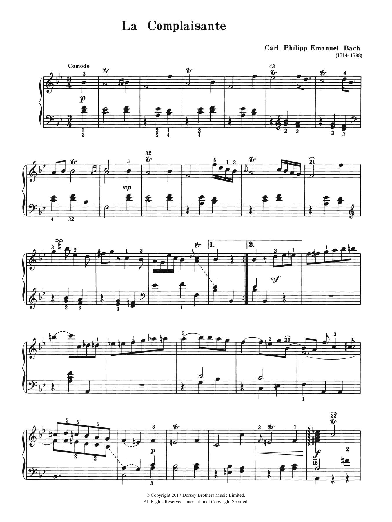 Carl Philipp Emanuel Bach La Complaisante Sheet Music Notes & Chords for Piano - Download or Print PDF