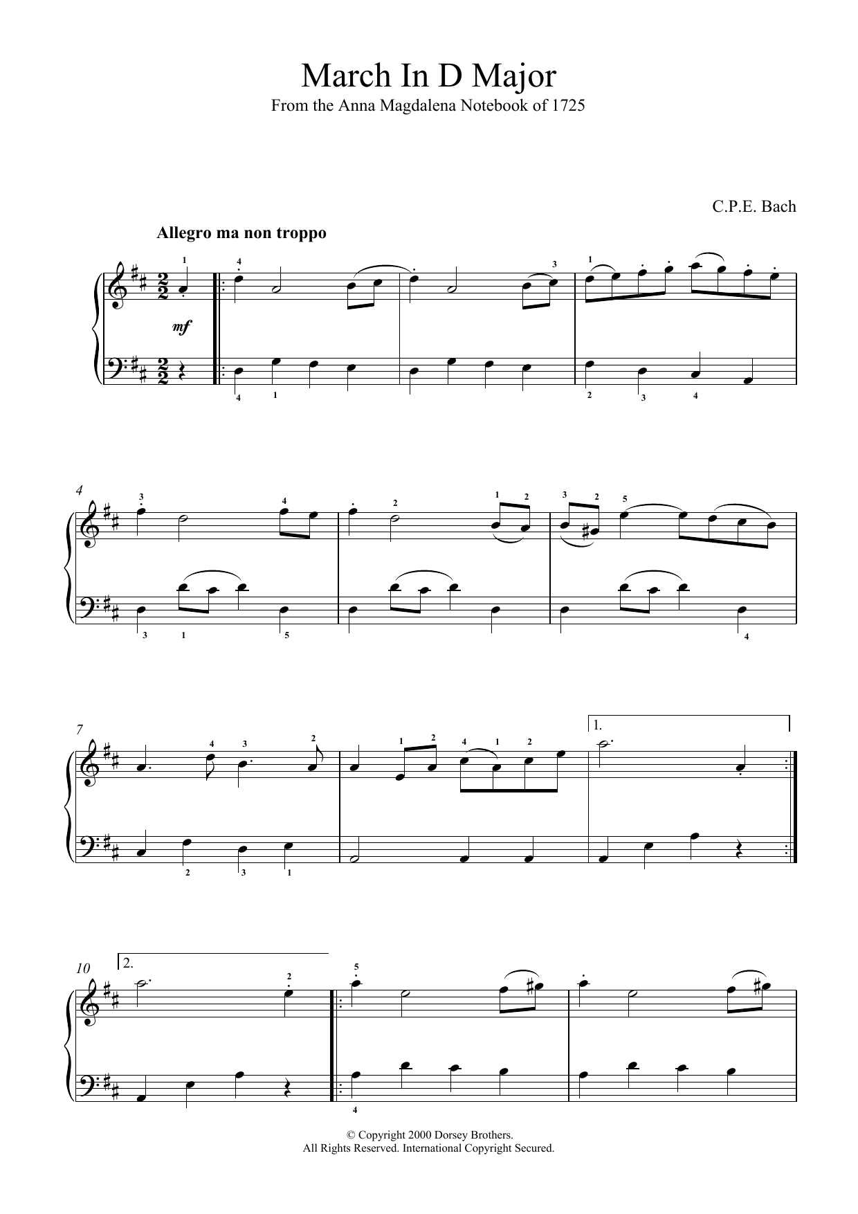 Carl Philipp Emanuel Bach March In D Major, BWV App. 122 Sheet Music Notes & Chords for Piano - Download or Print PDF
