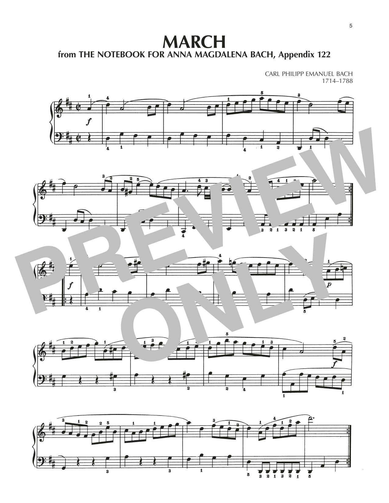 Carl Philipp Emanuel Bach March In D Major, BWV Appendix 122 Sheet Music Notes & Chords for Piano Solo - Download or Print PDF