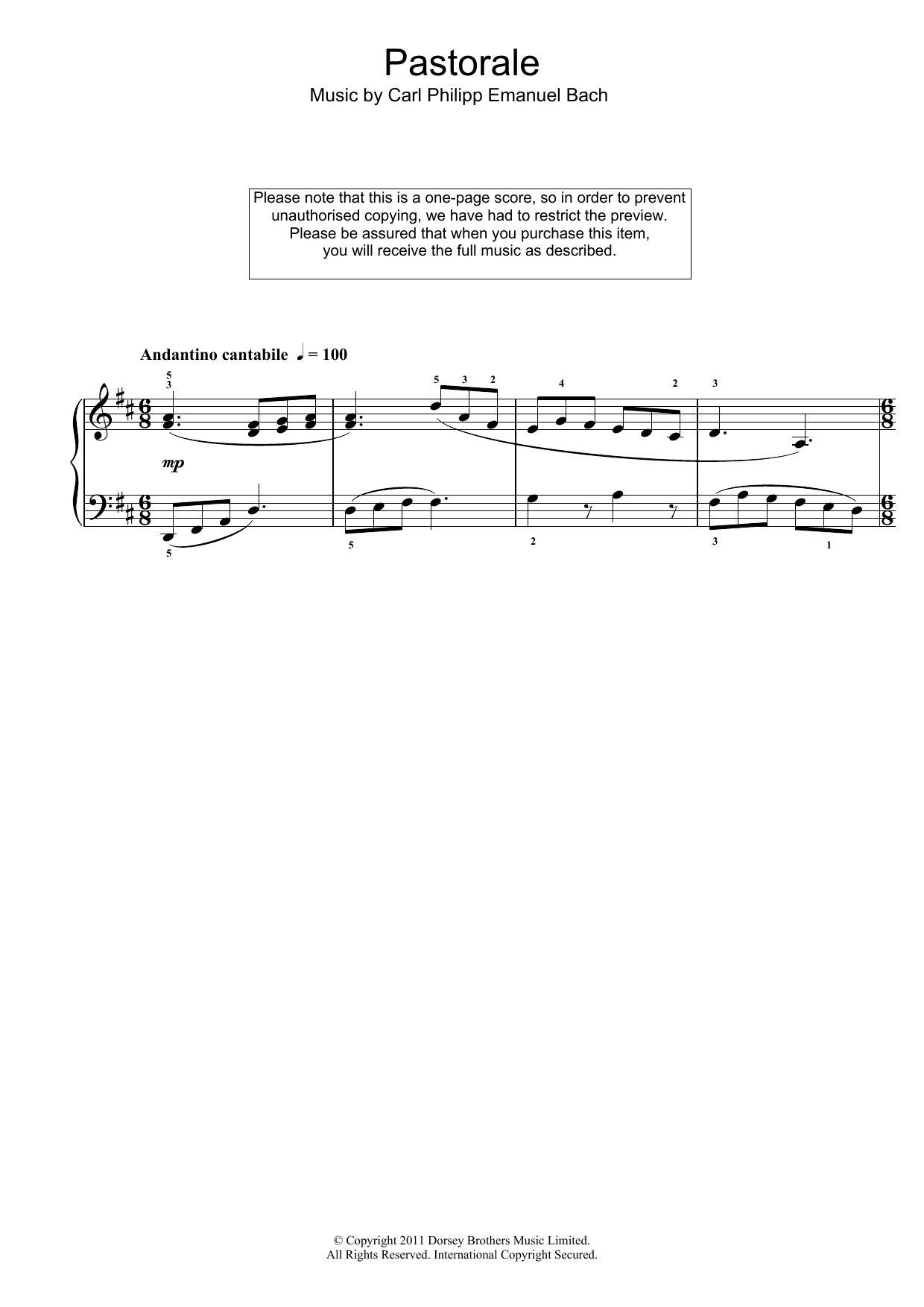 Carl Philipp Emanuel Bach Pastorale Sheet Music Notes & Chords for Piano - Download or Print PDF