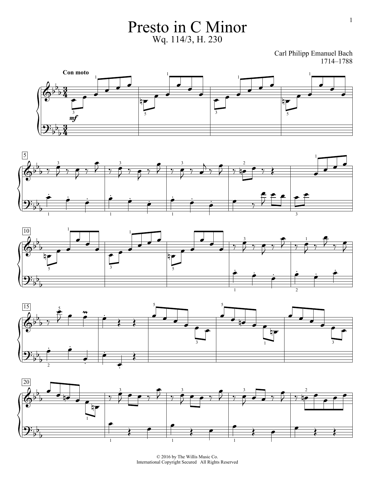 Carl Philipp Emanuel Bach Presto In C Minor, Wq. 114/3, H. 230 Sheet Music Notes & Chords for Educational Piano - Download or Print PDF