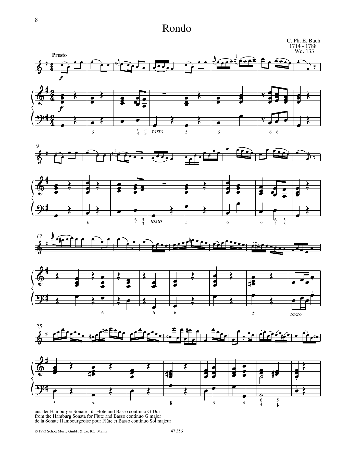 Carl Philipp Emanuel Bach Rondo Sheet Music Notes & Chords for Woodwind Solo - Download or Print PDF