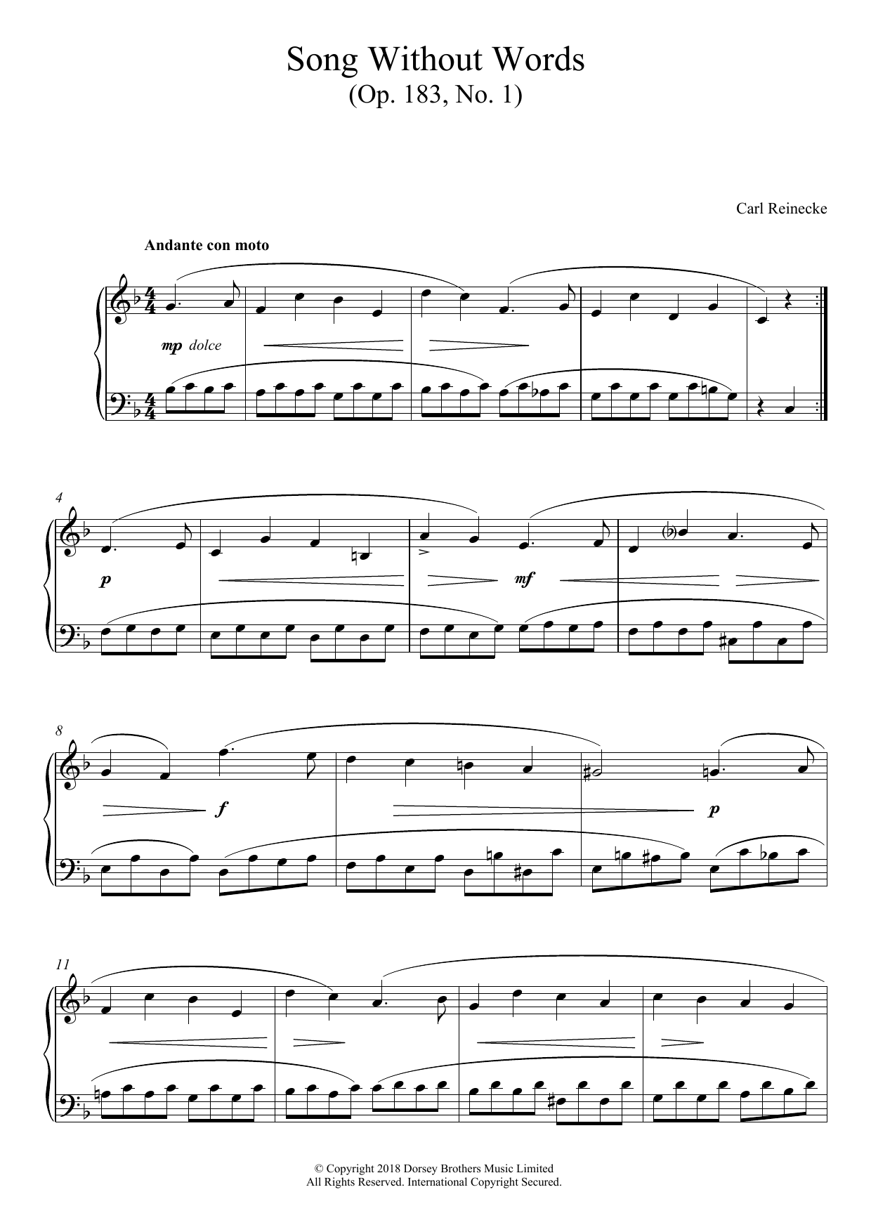 Carl Reinecke Song Without Words, Op. 183, No. 1 Sheet Music Notes & Chords for Piano - Download or Print PDF