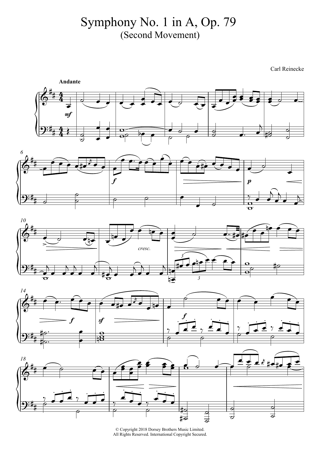 Carl Reinecke Symphony No. 1 In A, Op. 79 (Second Movement) Sheet Music Notes & Chords for Piano - Download or Print PDF
