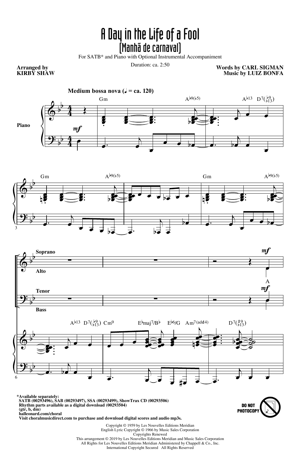 Carl Sigman & Luiz Bonfa A Day In The Life Of A Fool (Manha De Carnaval) (arr. Kirby Shaw) Sheet Music Notes & Chords for SSA Choir - Download or Print PDF