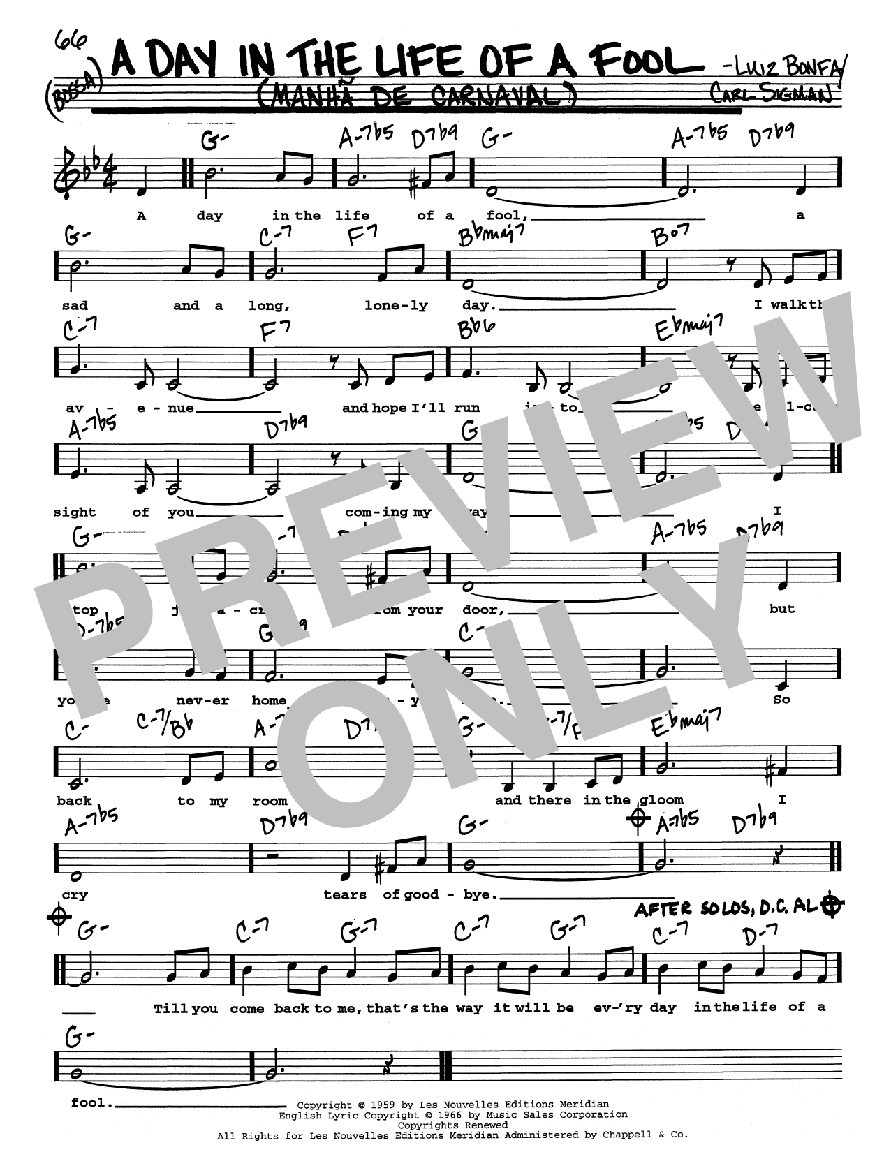 Carl Sigman & Luiz Bonfa A Day In The Life Of A Fool (Manha De Carnaval) (Low Voice) Sheet Music Notes & Chords for Real Book – Melody, Lyrics & Chords - Download or Print PDF