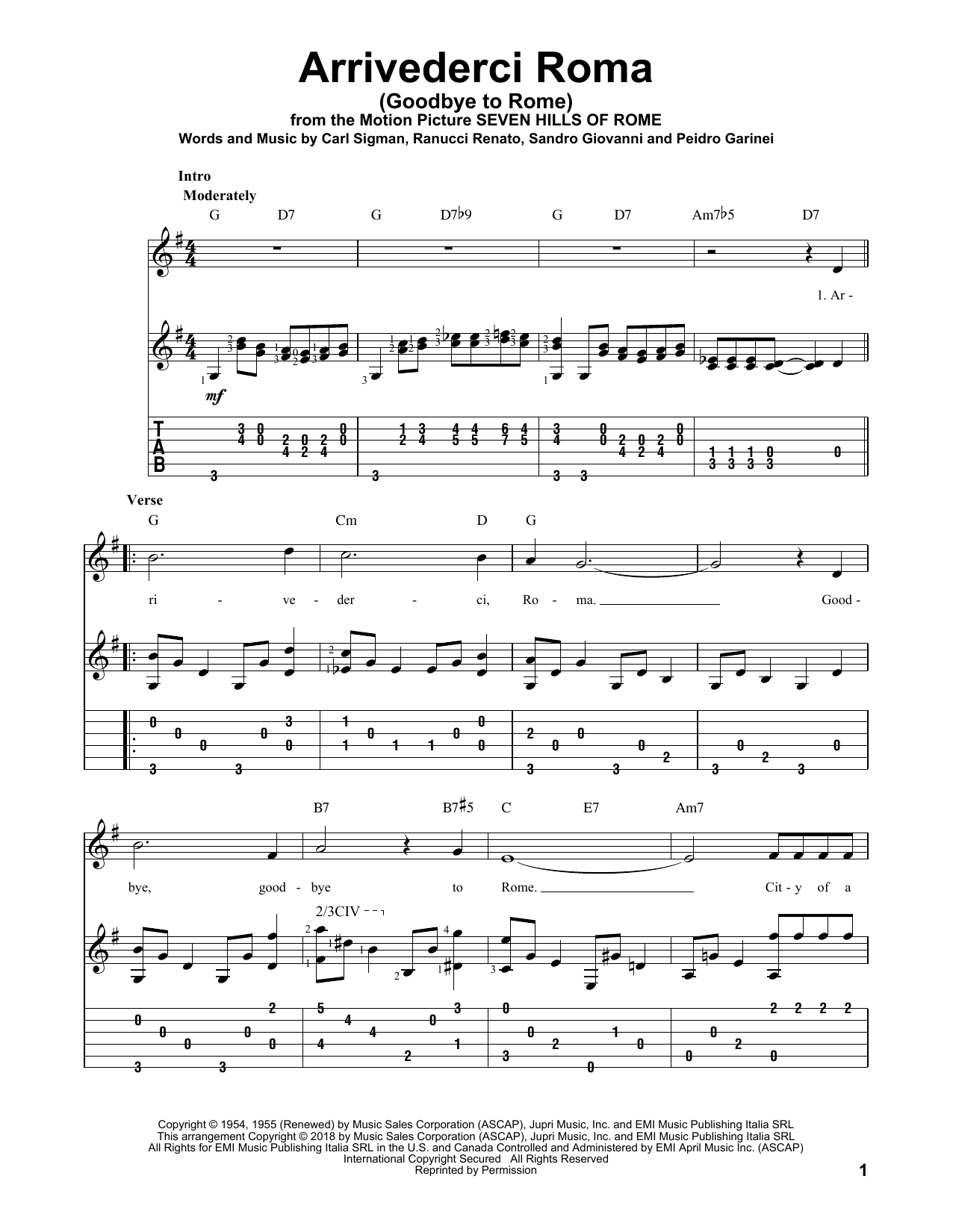 Carl Sigman Arrivederci Roma (Goodbye To Rome) Sheet Music Notes & Chords for Guitar Tab - Download or Print PDF