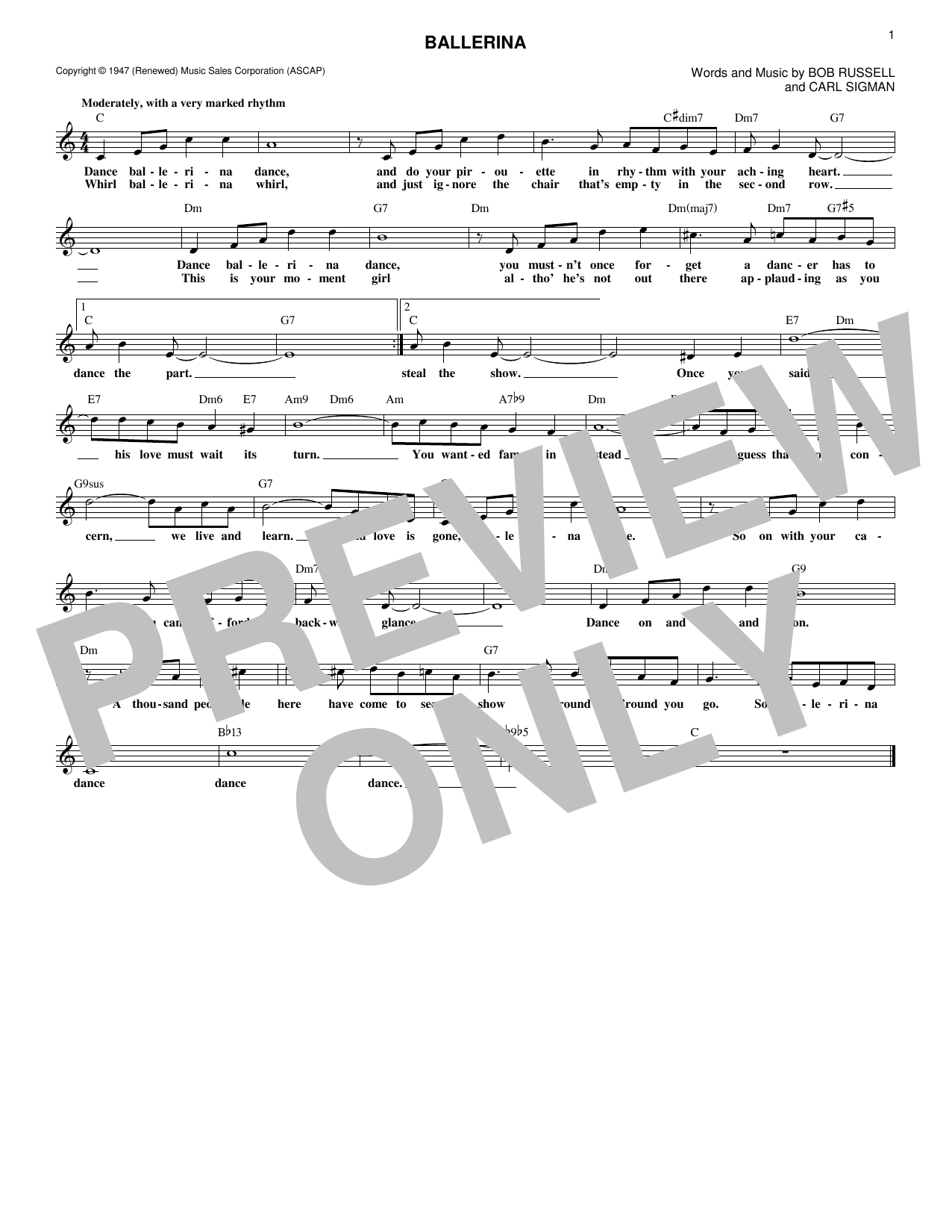 Carl Sigman Ballerina Sheet Music Notes & Chords for Melody Line, Lyrics & Chords - Download or Print PDF