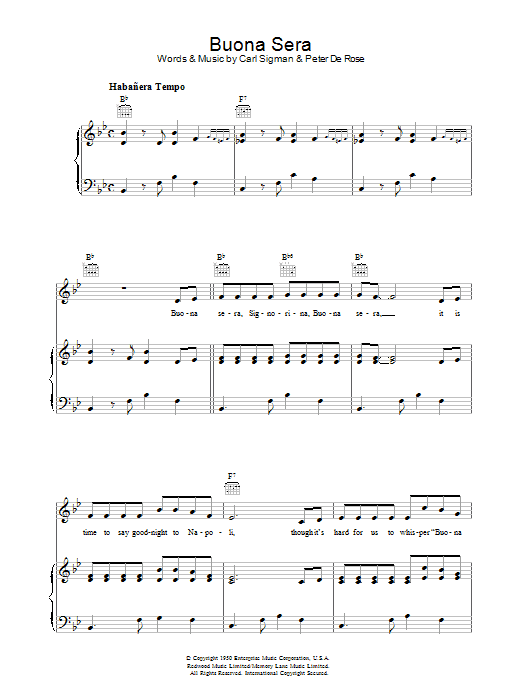 Carl Sigman Buona Sera Sheet Music Notes & Chords for Piano, Vocal & Guitar (Right-Hand Melody) - Download or Print PDF