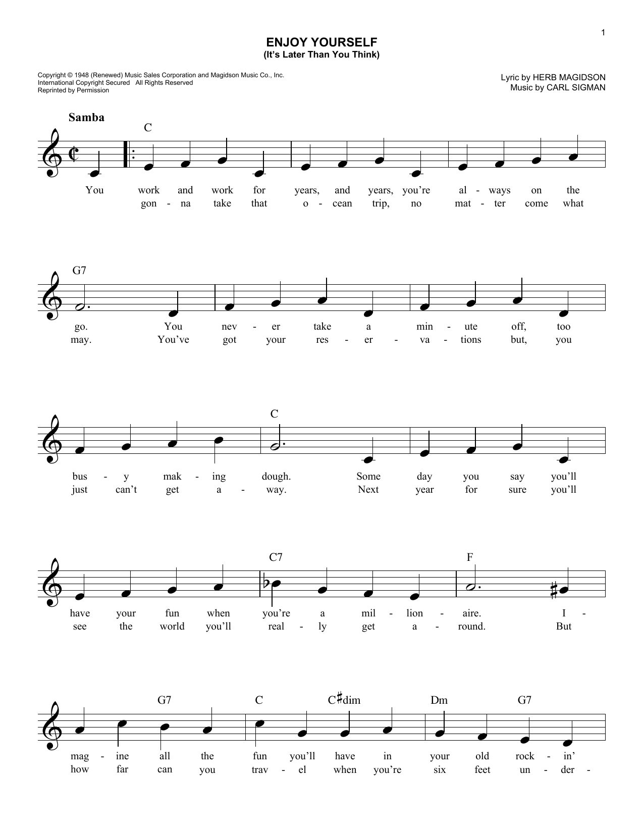 Carl Sigman Enjoy Yourself (It's Later Than You Think) Sheet Music Notes & Chords for Melody Line, Lyrics & Chords - Download or Print PDF