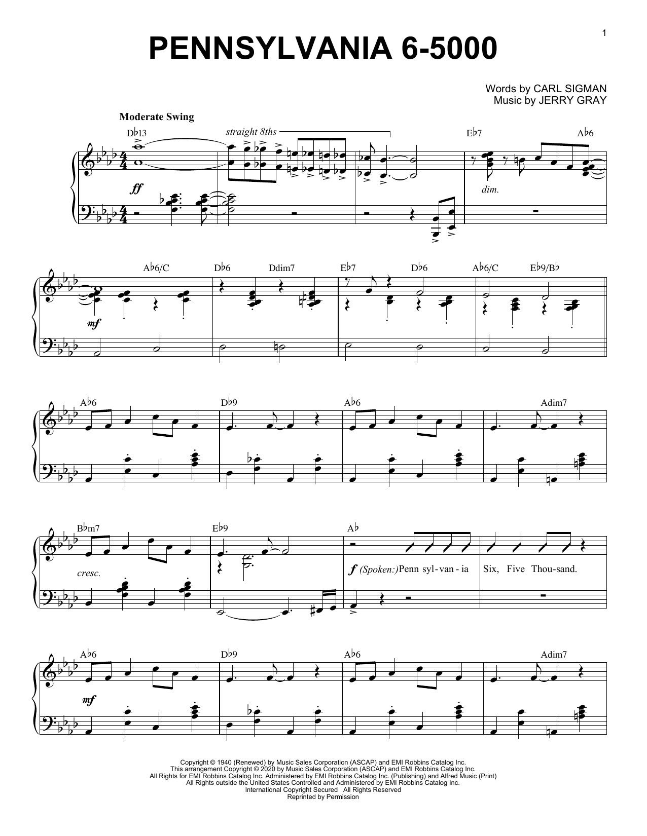Carl Sigman Pennsylvania 6-5000 [Jazz version] (arr. Brent Edstrom) Sheet Music Notes & Chords for Piano Solo - Download or Print PDF