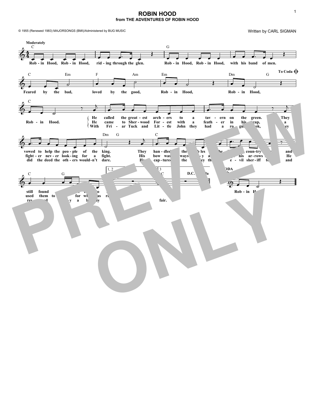 Carl Sigman Robin Hood Sheet Music Notes & Chords for Lead Sheet / Fake Book - Download or Print PDF