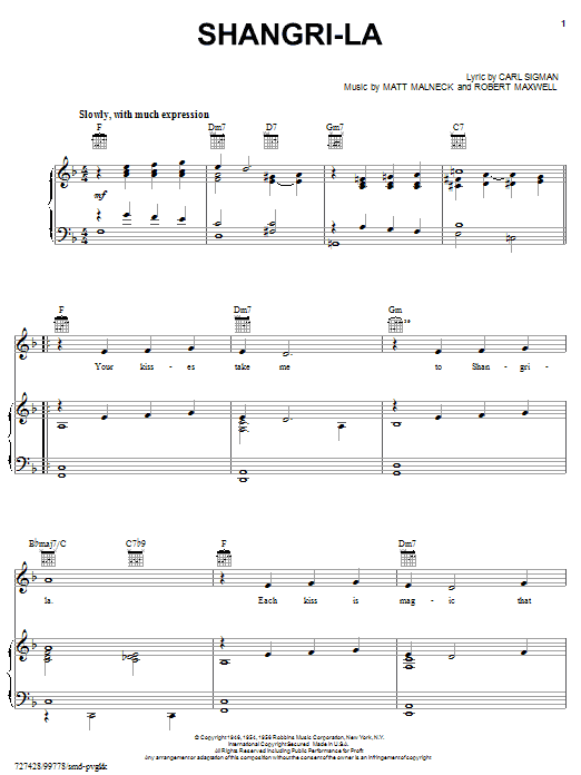 Carl Sigman Shangri-la Sheet Music Notes & Chords for Piano, Vocal & Guitar (Right-Hand Melody) - Download or Print PDF