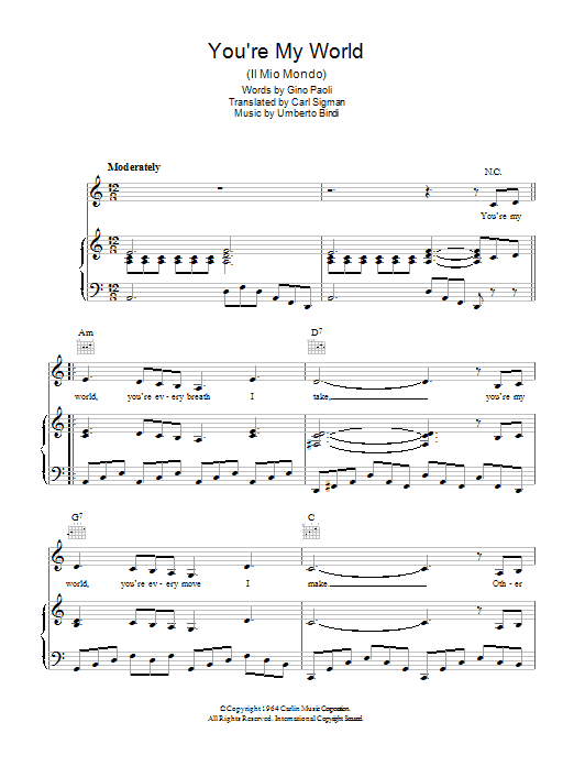 Carl Sigman You're My World (Il Mio Mondo) Sheet Music Notes & Chords for Piano, Vocal & Guitar Chords (Right-Hand Melody) - Download or Print PDF