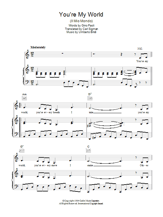 Carl Sigman You're My World (Il Mio Mondo) Sheet Music Notes & Chords for Piano, Vocal & Guitar (Right-Hand Melody) - Download or Print PDF