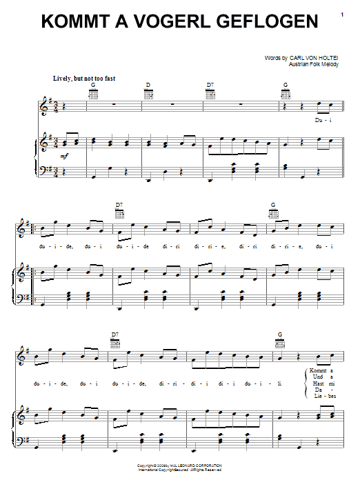 Carl von Holtei Kommt A Vogerl Geflogen (A Bird Comes Flying) Sheet Music Notes & Chords for Piano, Vocal & Guitar (Right-Hand Melody) - Download or Print PDF