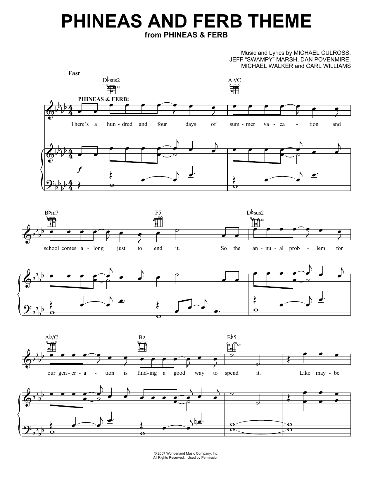 Carl Williams Phineas And Ferb Theme Sheet Music Notes & Chords for Piano, Vocal & Guitar Chords (Right-Hand Melody) - Download or Print PDF Carl Williams Phineas And Ferb Theme Sheet Music Notes & Chords for Piano, Vocal & Guitar Chords (Right-Hand Melody) - Download or Print PDF