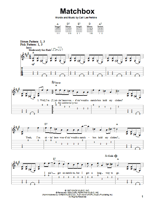 Preview Carl Perkins Matchbox Pop sheet music, notes and chords for Easy Guitar Tab, SKU: 72892 Matchbox sheet music