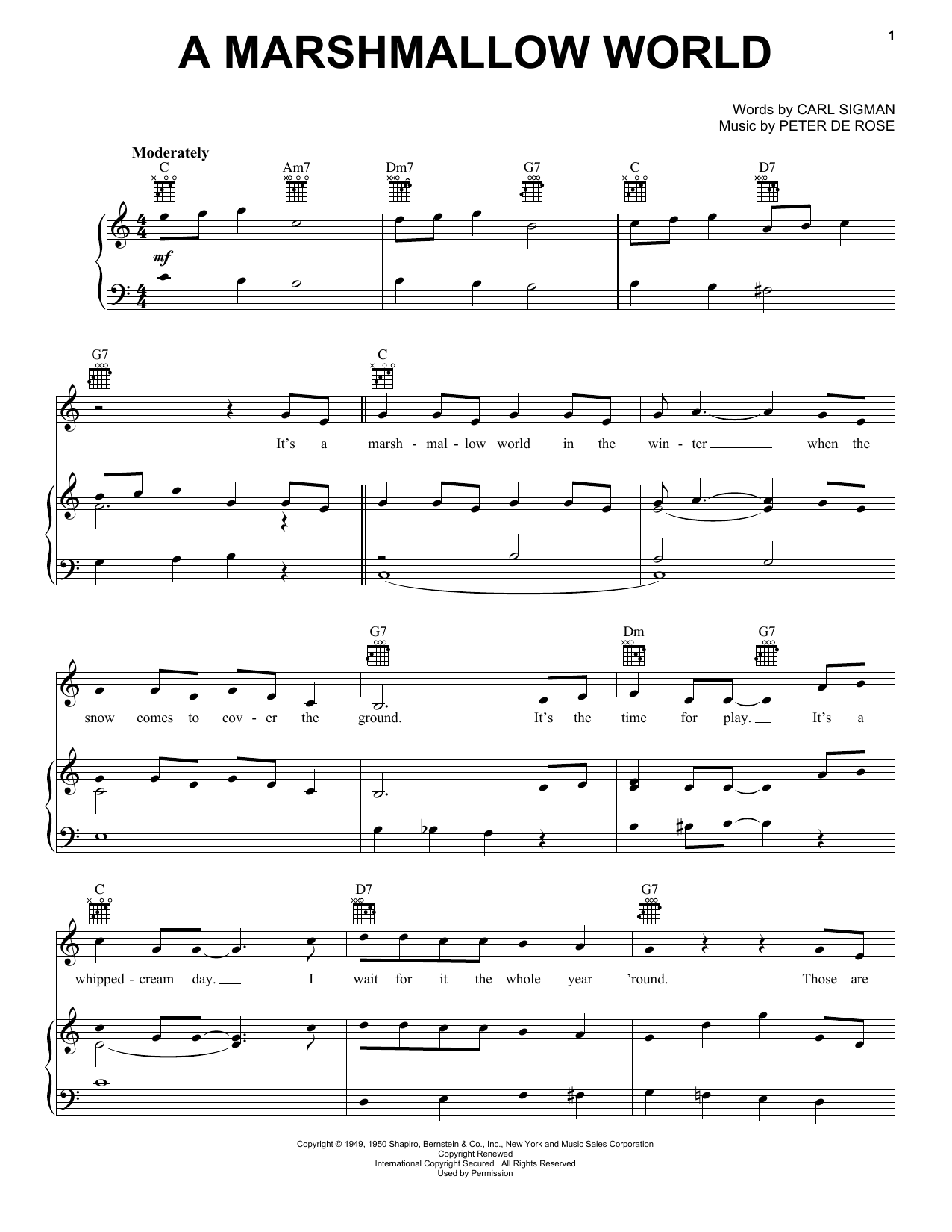 Preview Carl Sigman A Marshmallow World Christmas sheet music, notes and chords for Piano, Vocal & Guitar (Right-Hand Melody), SKU: 18114 A Marshmallow World sheet music