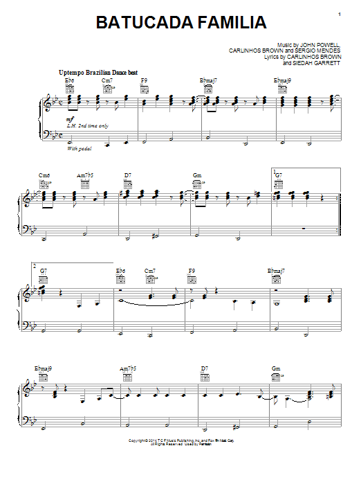 Carlinhos Brown/Siedah Garrett Bataucada Familia Sheet Music Notes & Chords for Piano, Vocal & Guitar (Right-Hand Melody) - Download or Print PDF
