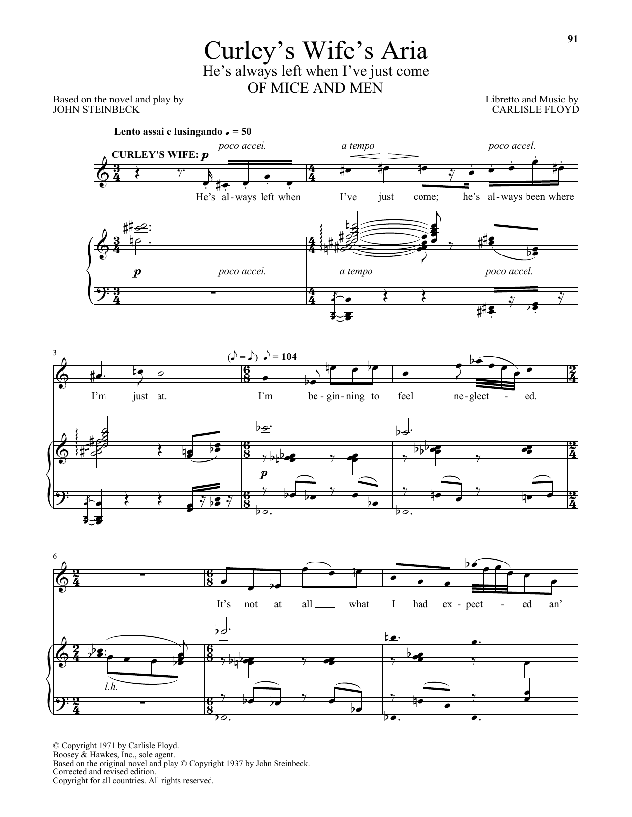 Carlisle Floyd Curley's Wife's Aria (He's Always Left When I've Just Come) (from Of Mice And Men) Sheet Music Notes & Chords for Piano & Vocal - Download or Print PDF