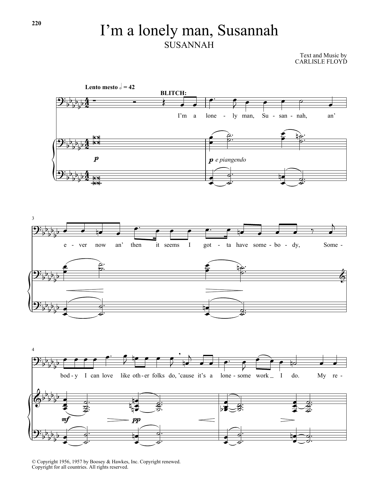 Carlisle Floyd I'm A Lonely Man, Susannah Sheet Music Notes & Chords for Piano & Vocal - Download or Print PDF